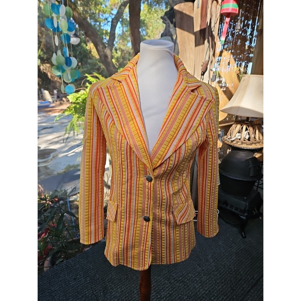 Sears Vintage 70s Shirt‎ Jacket WIDE LAPEL Perma Prest Red/Yellow Striped Sz S/M